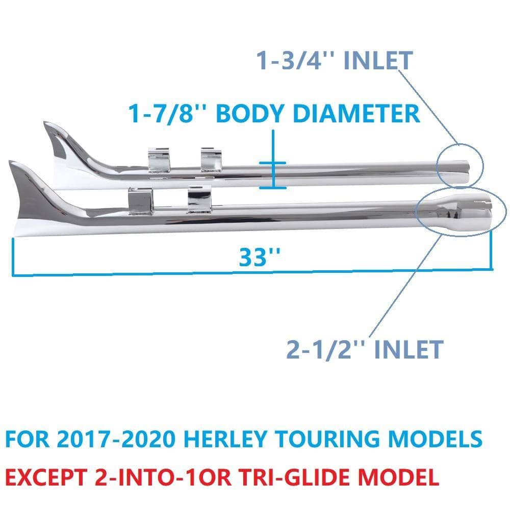 Upgrade your Harley's sound and style with Sharkroad's 33~42" Chrome Fishtail Slip-On Muffler for 2017-2023 Touring Models!