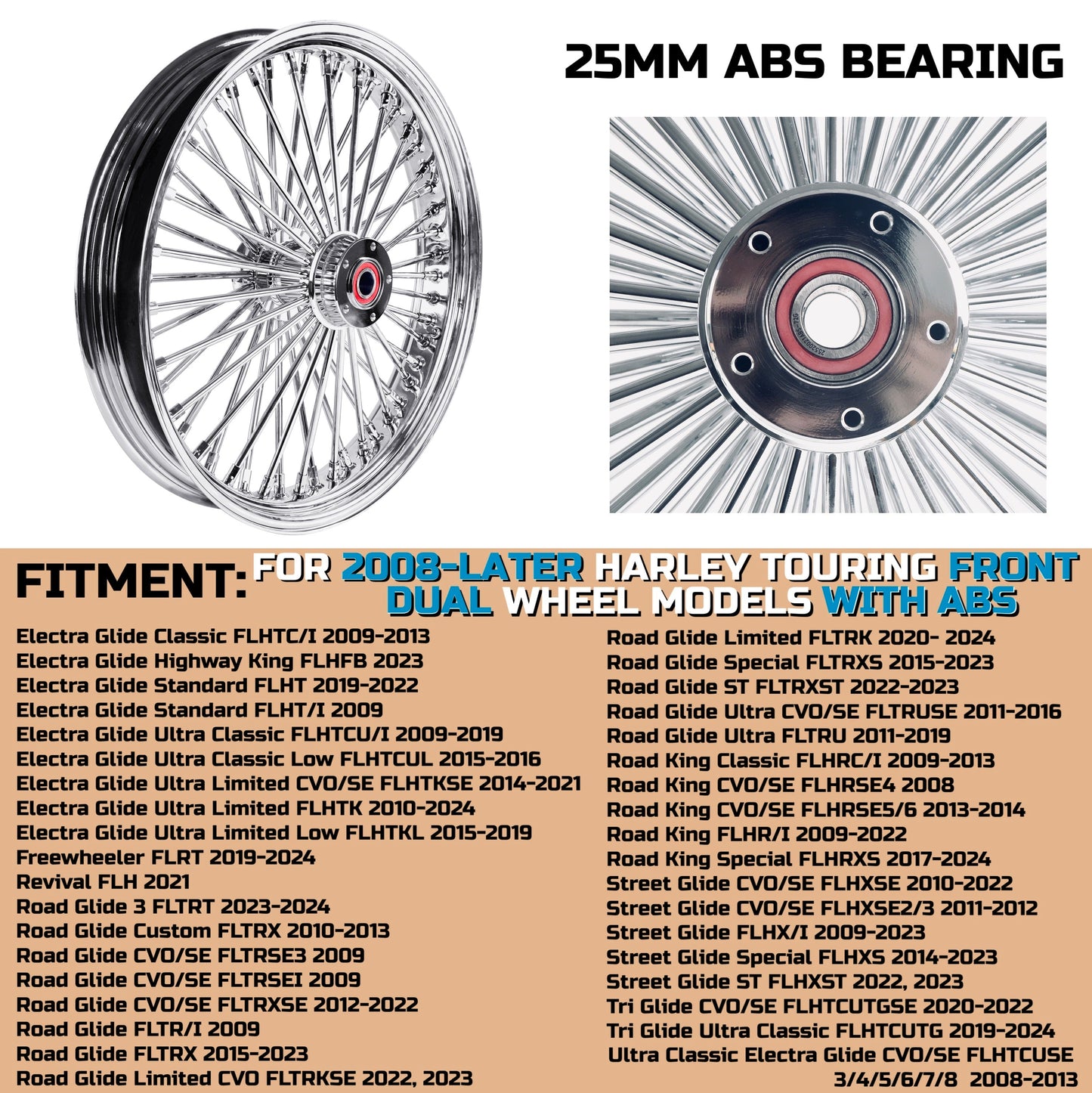 SHARKROAD 21*3.5'' 52 Stainless Steel Spokes Front Dual Wheels W/ ABS Bearing for 2008-later Harley Touring