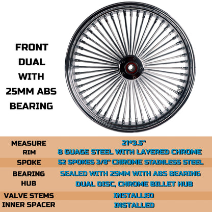 SHARKROAD 21*3.5'' 52 Stainless Steel Spokes Front Dual Wheels W/ ABS Bearing for 2008-later Harley Touring