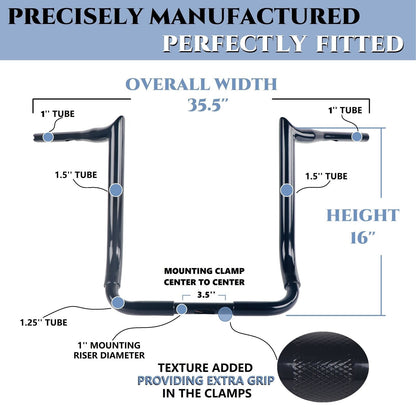 SHARKROAD 1.5'' X H16'' Big Dude Handlebars for Harley Touring Street Glide